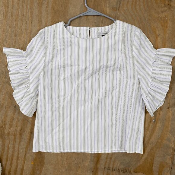 Samantha Dru Purple White Stripe Ruffle Cotton Blouse, Size Small - Picture 1 of 11